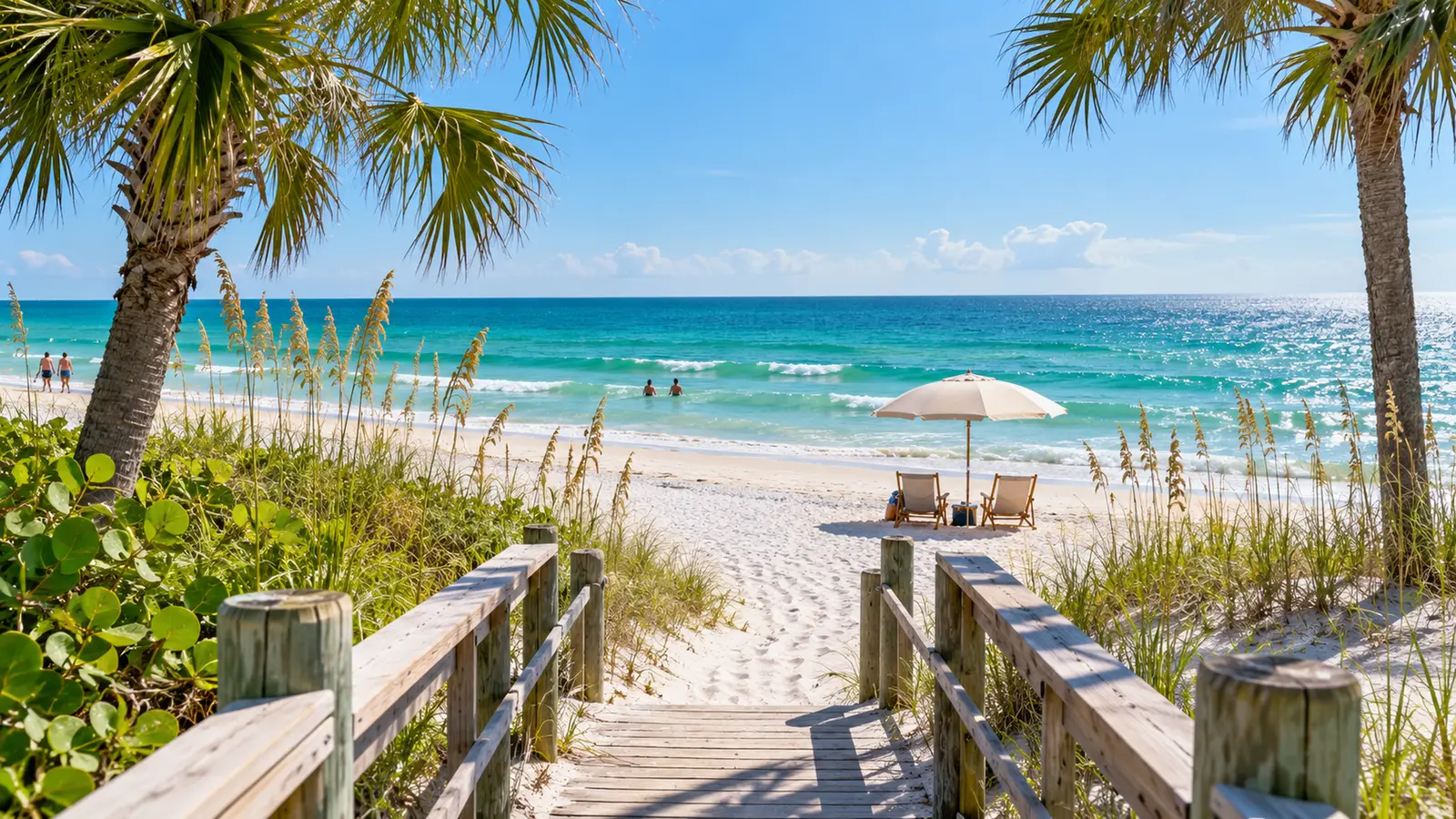 Playa de arena blanca en Florida con palmeras, un paseo de madera y una sombrilla