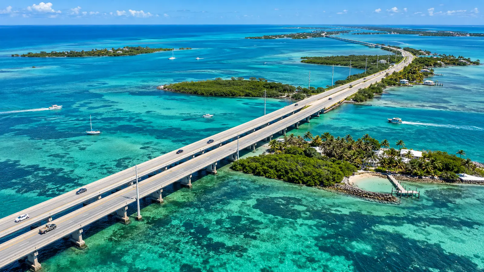 Aerial view of a highway bridge crossing the turquoise waters of the Florida Keys