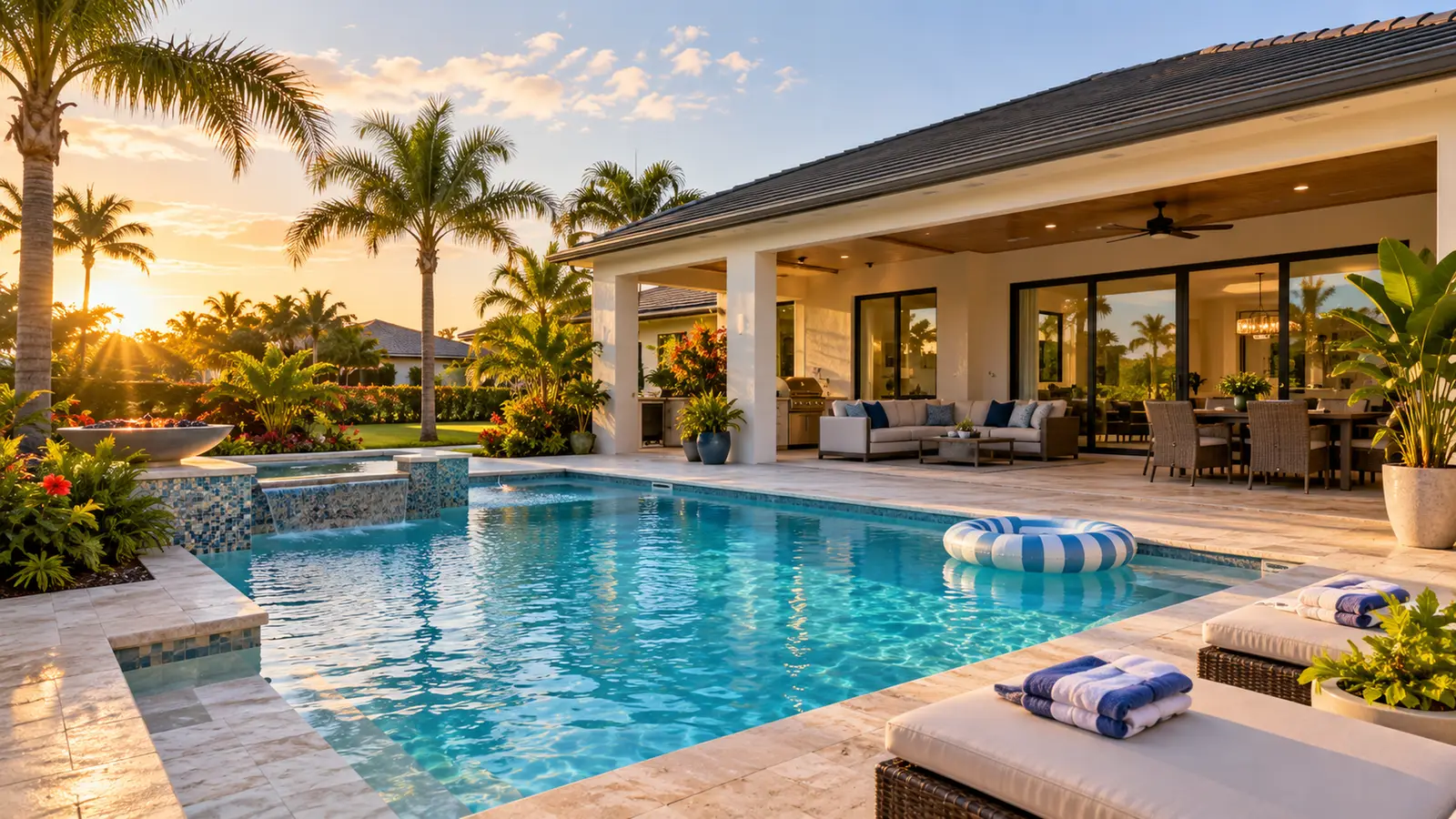 Single-story Florida home with a covered patio and a swimming pool at sunset
