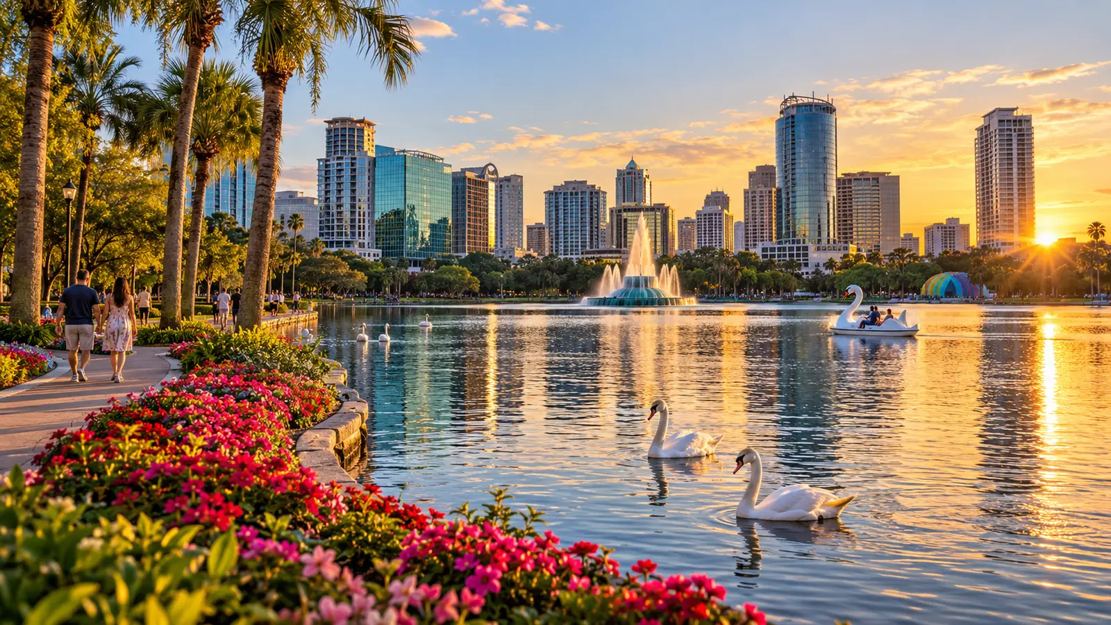 Lake Eola in downtown Orlando at sunset, with swans and flower beds