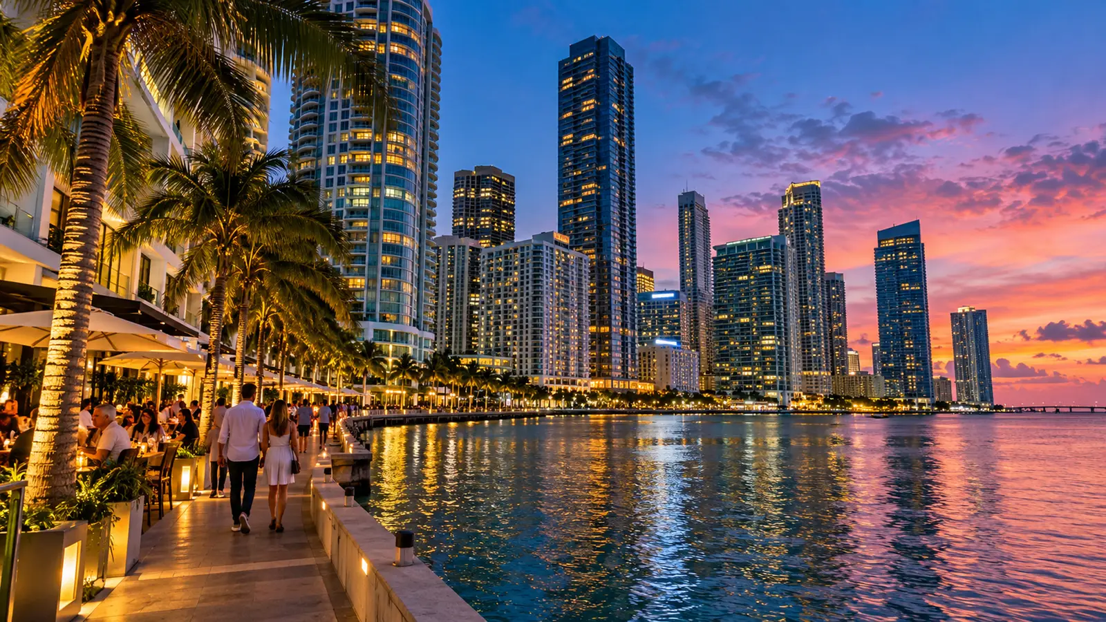 Miami's Brickell skyline and waterfront promenade at sunset
