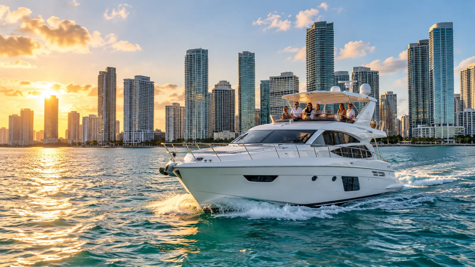 Yate navegando frente al horizonte de Miami al atardecer